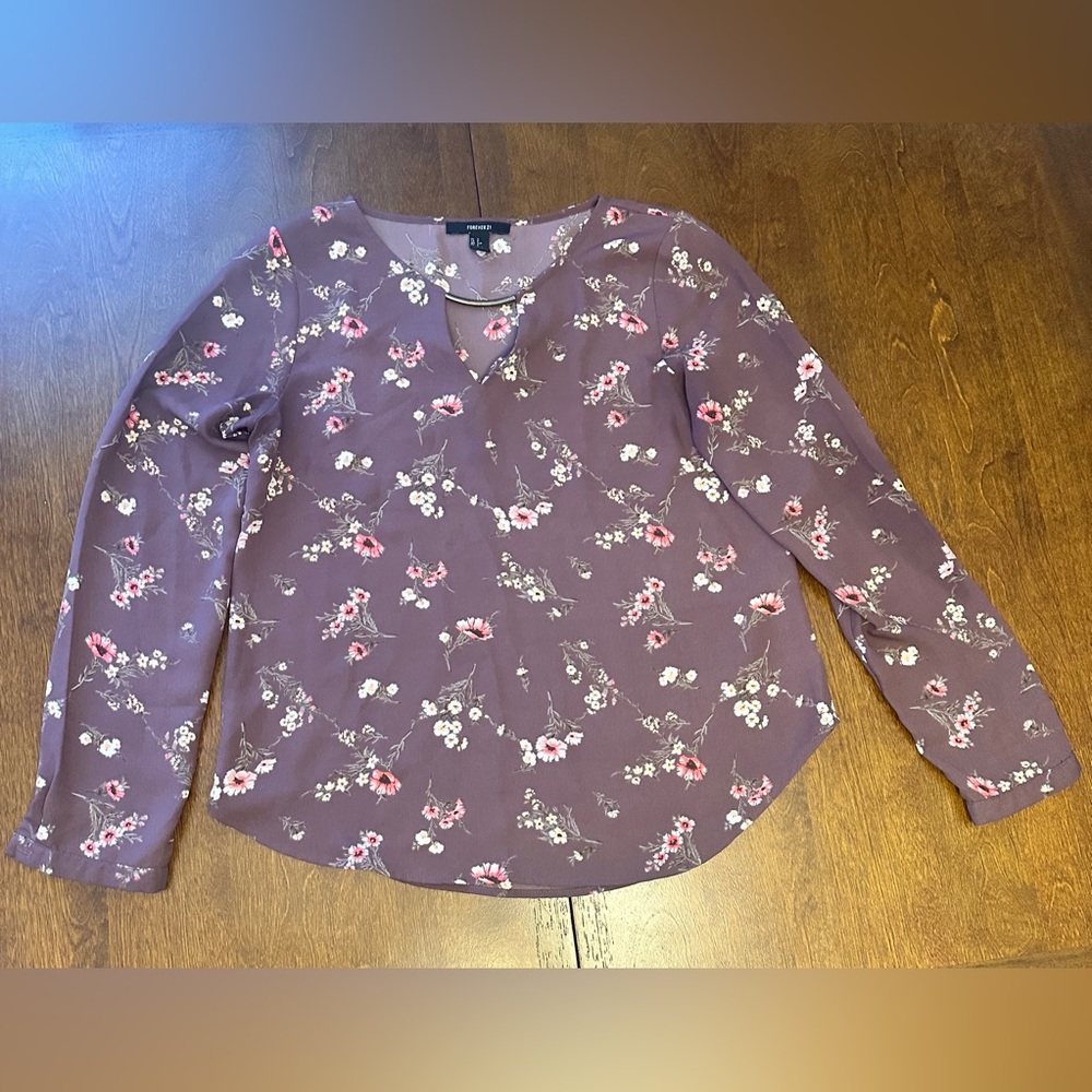 Forever 21 Purple Floral Long Sleeve Blouse